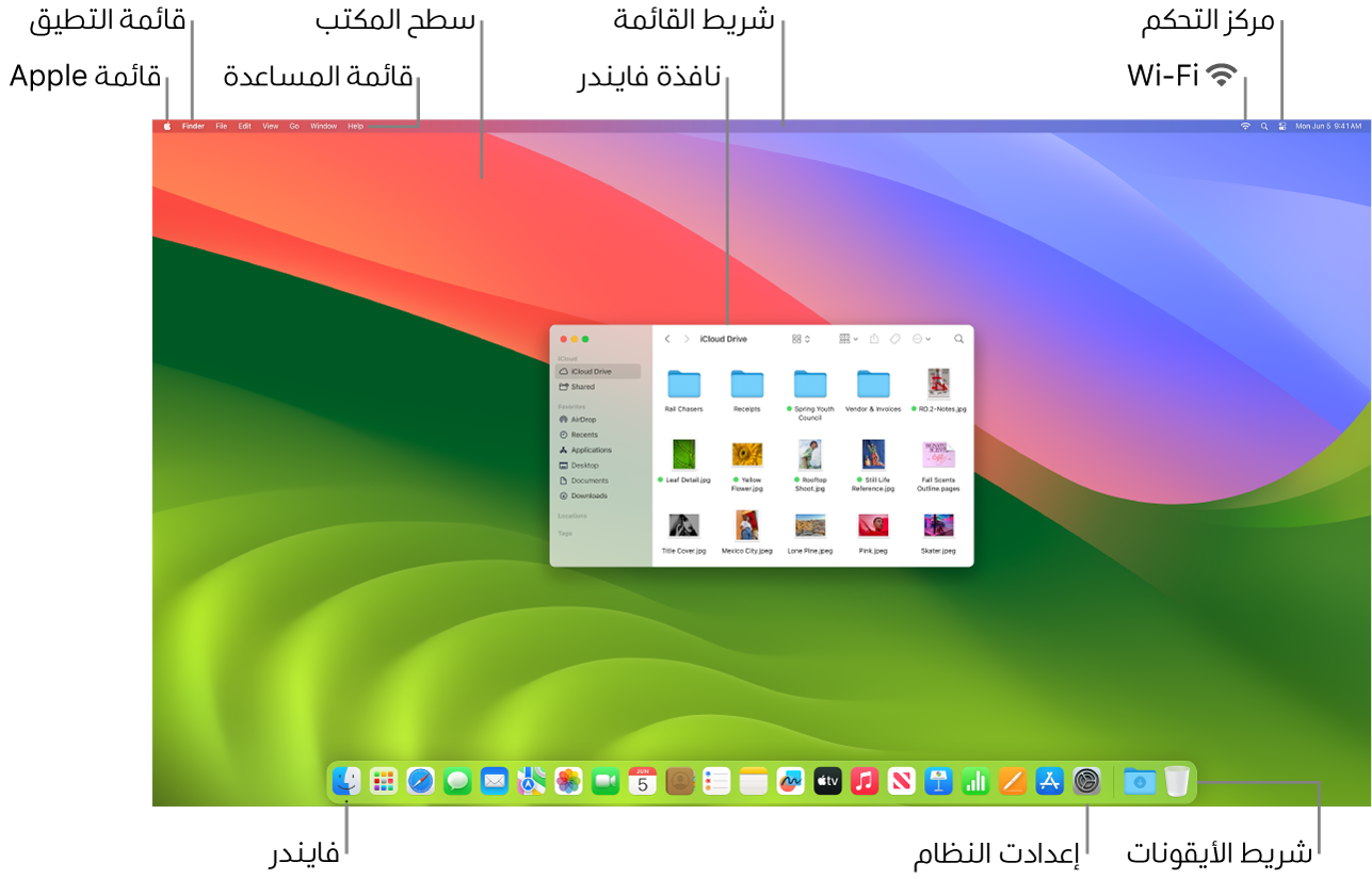 شاشة Mac تعرض قائمة Apple وقائمة التطبيق وقائمة المساعدة وسطح المكتب وشريط القائمة ونافذة فايندر وأيقونة Wi-Fi وأيقونة مركز التحكم وأيقونة فايندر وأيقونة إعدادات النظام وشريط الأيقونات.