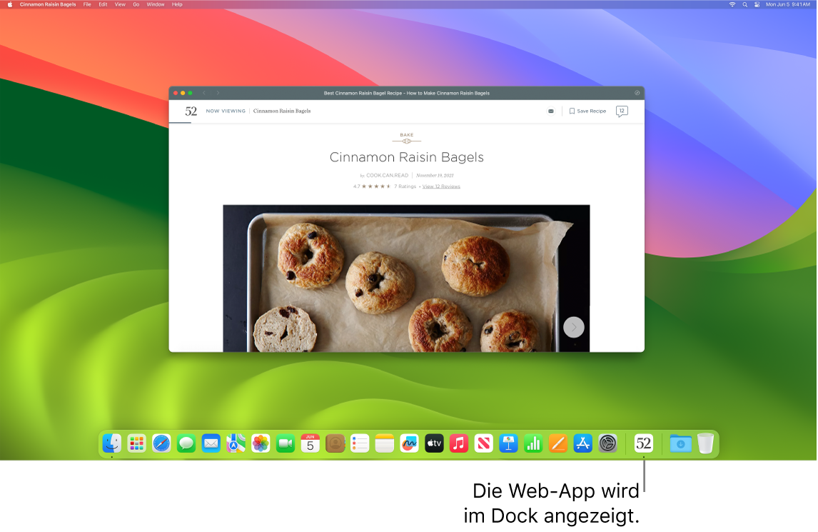 Eine geöffnete Web-App mit ihrem Symbol im Dock.