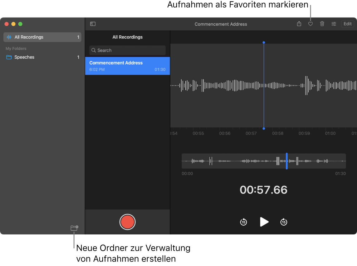 Das Fenster „Sprachmemos“, in dem gezeigt wird, wie ein neuer Ordner erstellt oder eine Aufnahme als Favorit markiert wird.