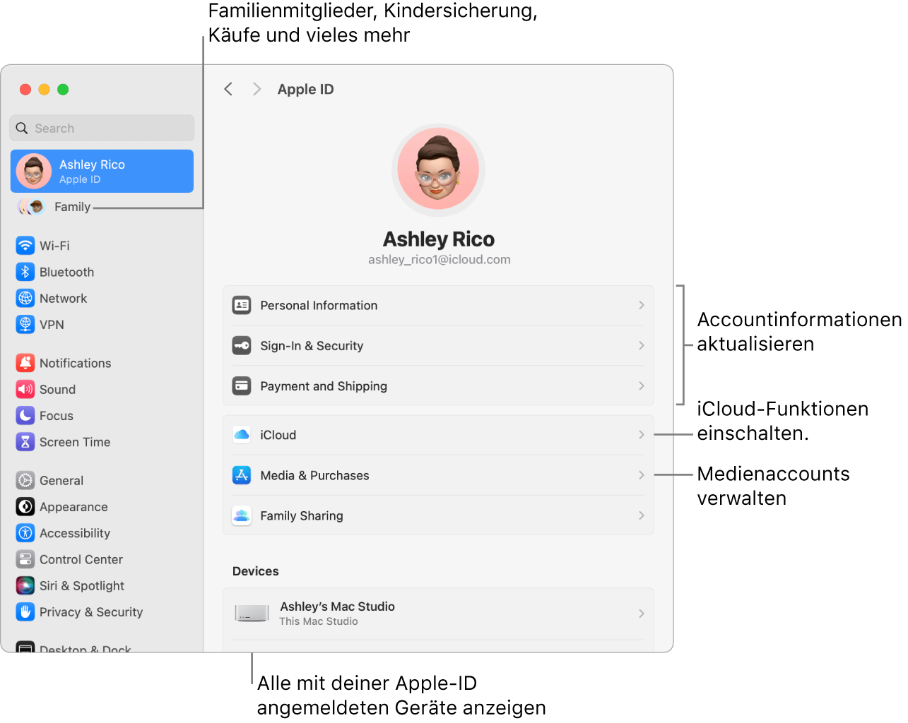 Die Einstellungen „Apple-ID“ in den Systemeinstellungen mit Beschriftungen zum Aktualisieren der Accountinformationen, Ein- bzw. Ausschalten von iCloud-Funktionen, Verwalten von Medienaccounts und für die Funktion „Familie", um Familienmitglieder, Kindersicherung, Käufe und mehr zu verwalten.