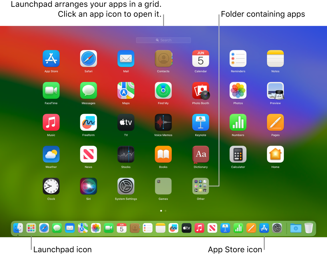 A Mac screen with Launchpad open, showing a folder of apps in Launchpad, and the Launchpad icon and App Store icons in the Dock.