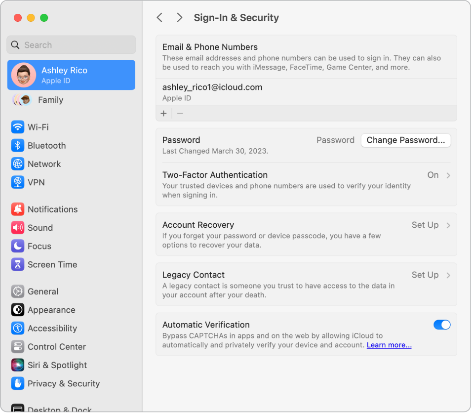 The Password & Security section of Apple ID in System Settings. From here, you can set up Account Recovery or Legacy Contact.