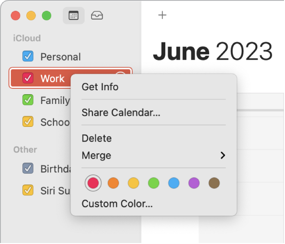 Menú de función rápida de Calendario con opciones para personalizar el color de un calendario.