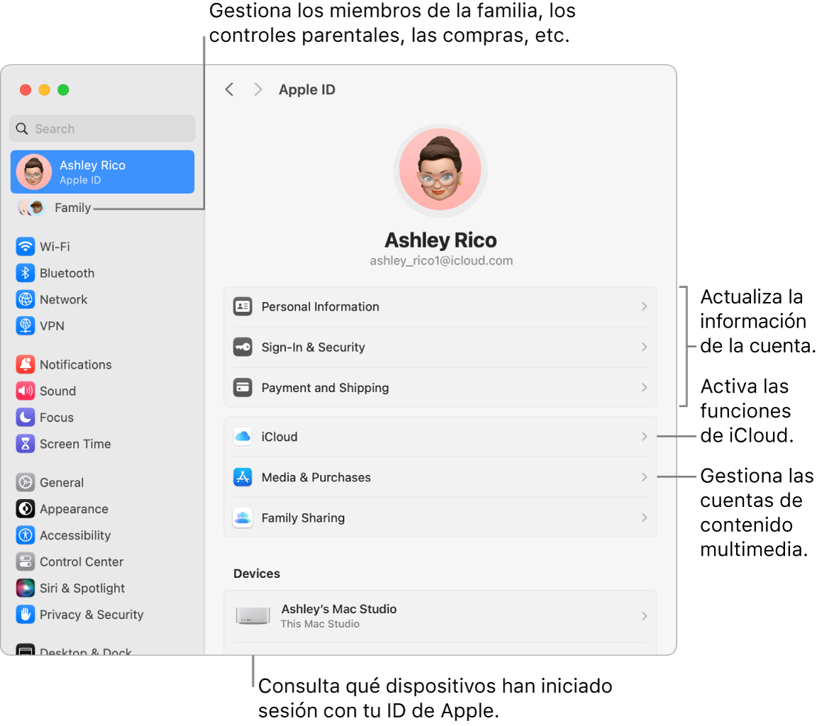 Los ajustes “ID de Apple” en Ajustes del Sistema con llamadas para actualizar la información de la cuenta, activar o desactivar las funciones de iCloud, gestionar las cuentas de redes sociales y Familia, donde puedes gestionar los miembros de la familia, el control parental, las compras y mucho más.