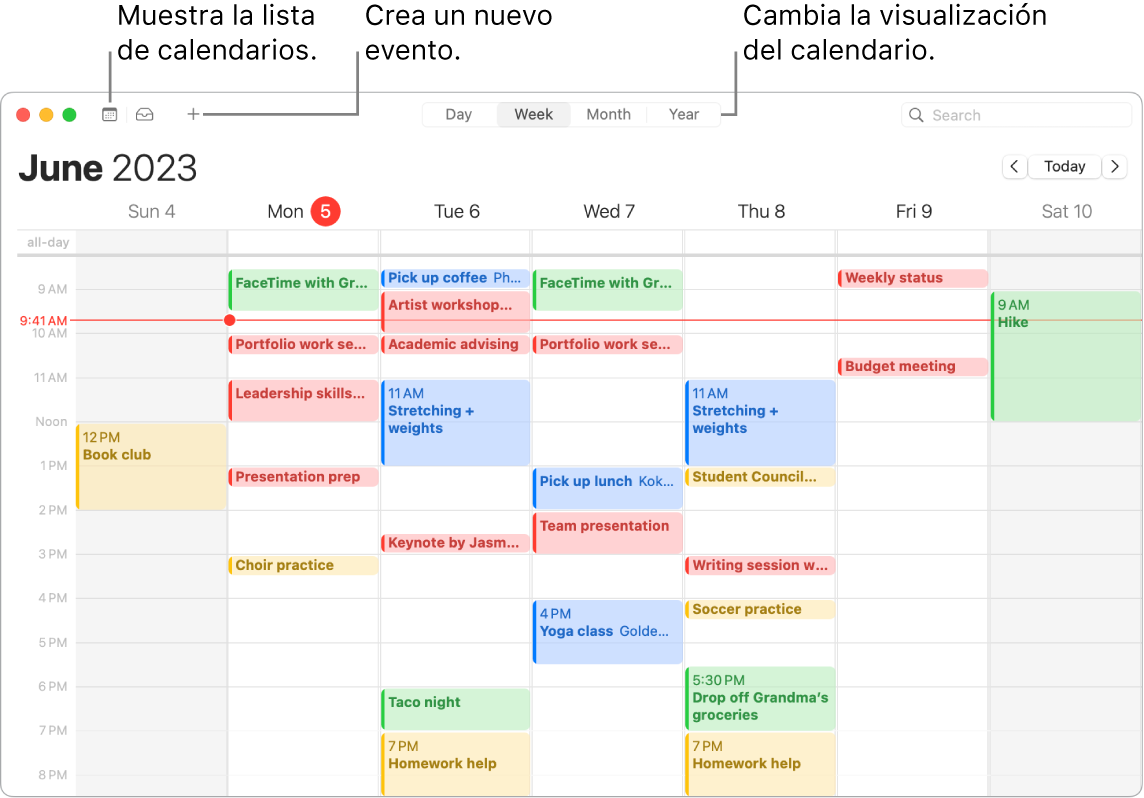 Una ventana de Calendario donde se muestra la lista de calendarios, cómo crear un evento, cómo mostrar la lista de calendarios y cómo seleccionar la vista Día, Semana, Mes o Año.