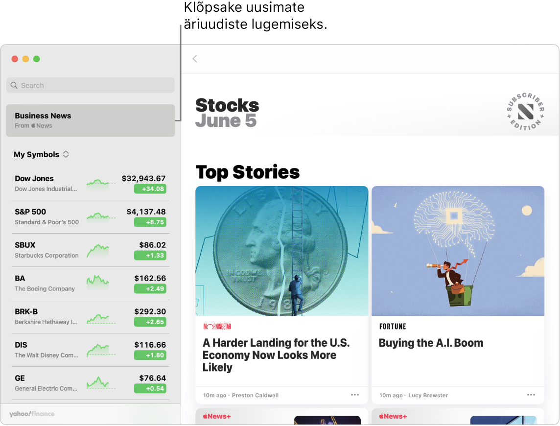 Rakenduse Stocks juhtpaneelil kuvatakse jälgimisloendis turuhindu koos Top Stories lugudega.