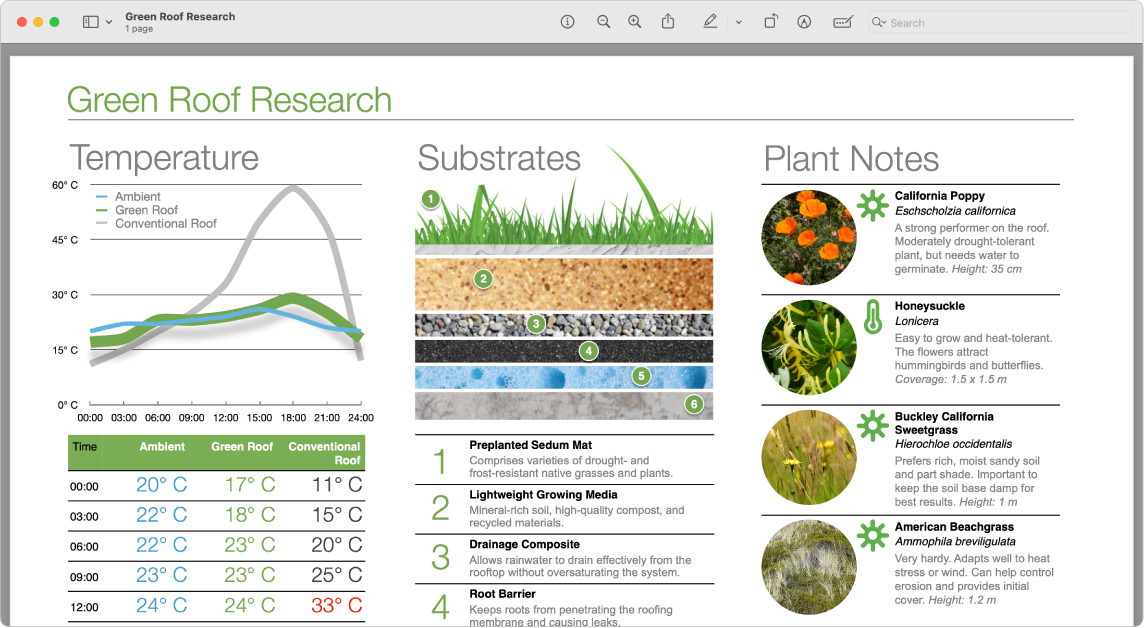 Esikatselu-ikkuna, jossa näkyy PDF nimeltä ”Green Roof Research”.