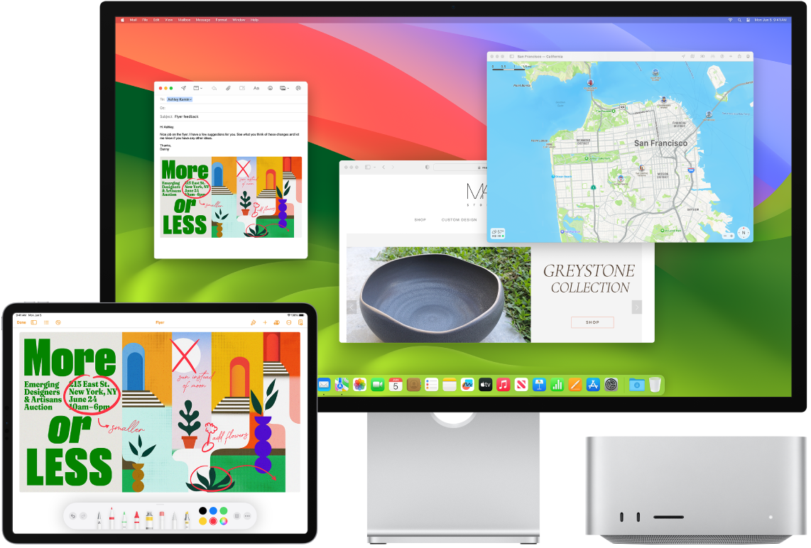 Un Mac Studio et un iPad l’un à côté de l’autre. L’écran de l’iPad présente un prospectus avec des annotations. L’écran du Mac Studio affiche un message Mail, avec comme pièce jointe le prospectus annoté de l’iPad.