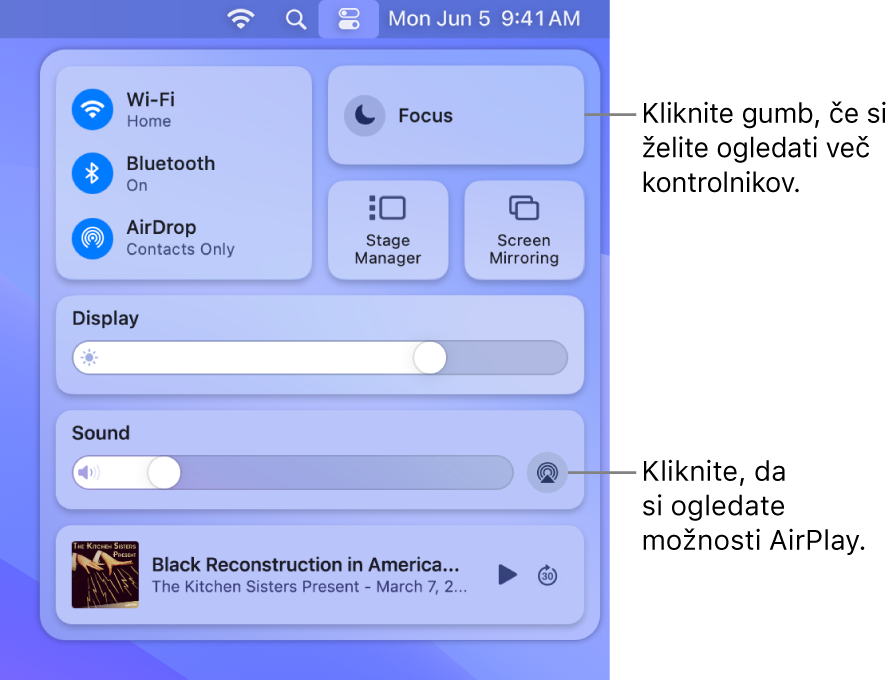 Približan pogled središča Control Center v računalniku Mac.
