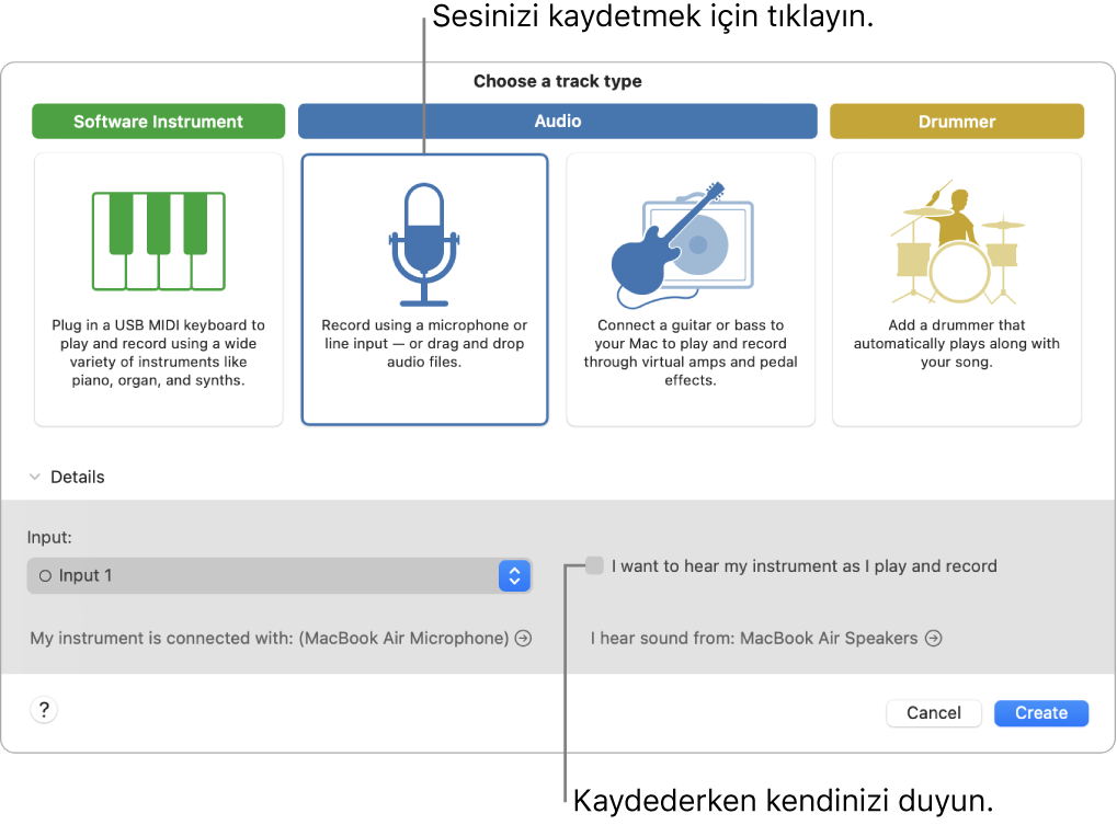 Ses kaydı yapmak için tıklanacak yeri ve kayıt yaparken kendinizi nasıl duyacağınızı gösteren GarageBand müzik aleti paneli.