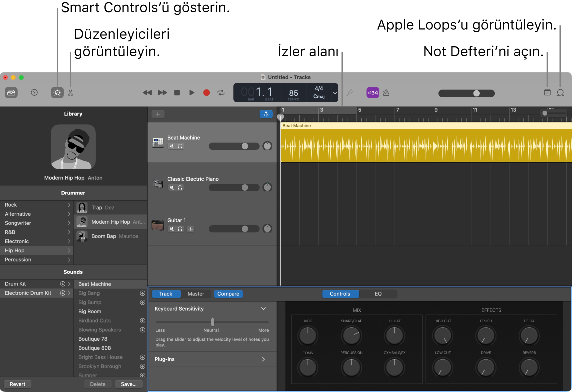 Smart Controls’e, Düzenleyiciler’e, Notlar’a ve Apple Loops’a erişim düğmelerini gösteren bir GarageBand penceresi. Ayrıca, izler görüntüsünü gösterir.