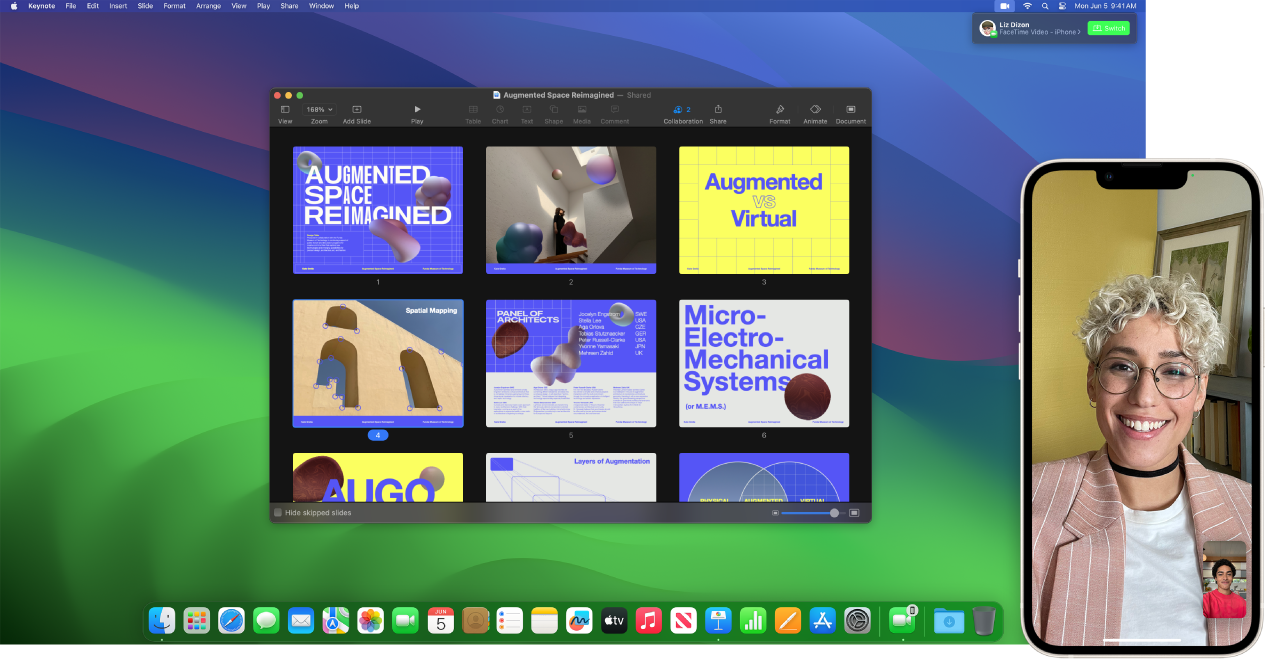 Một cuộc gọi FaceTime trên iPhone bên cạnh máy tính để bàn Mac với một cửa sổ Keynote được mở. Ở góc phía trên bên phải của máy Mac, có một nút để chuyển đổi cuộc gọi FaceTime sang máy Mac.