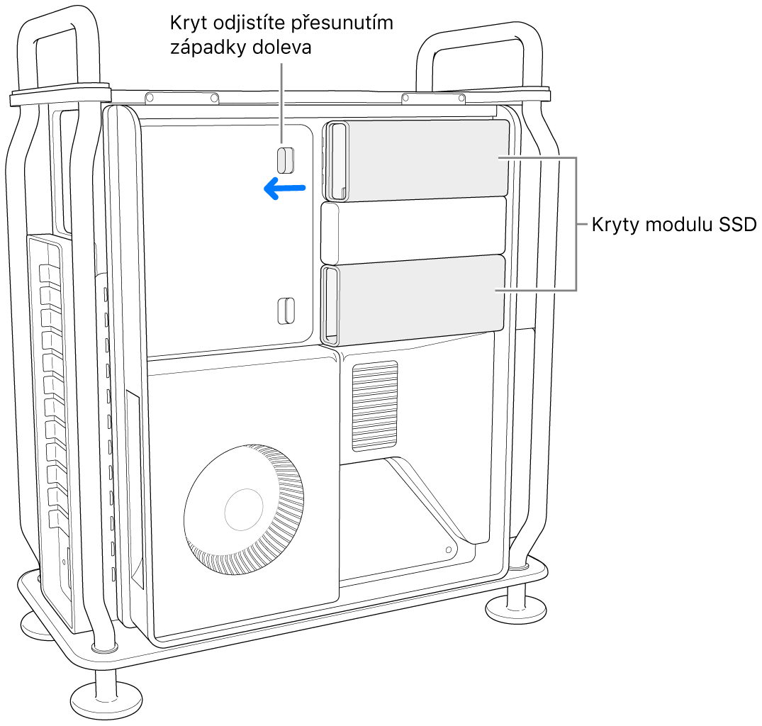 Odjištění krytu SSD modulu přesunutím západky doleva