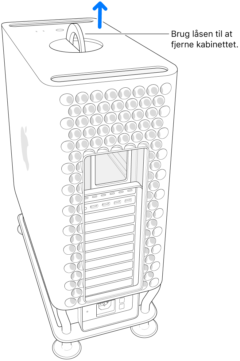 Låsen er roteret og står opret, og kabinettet løftes af computeren.