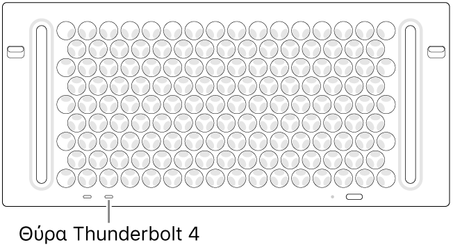 Η πάνω πλευρά του Mac Pro όπου φαίνεται η σωστή θύρα Thunderbolt 4 προς χρήση.