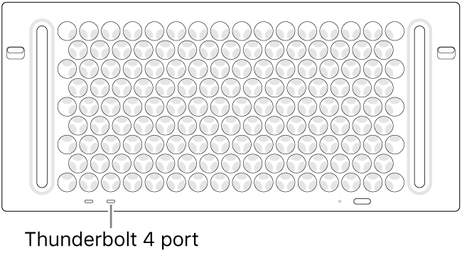 The top of Mac Pro, pointing out the correct Thunderbolt 4 port to use.