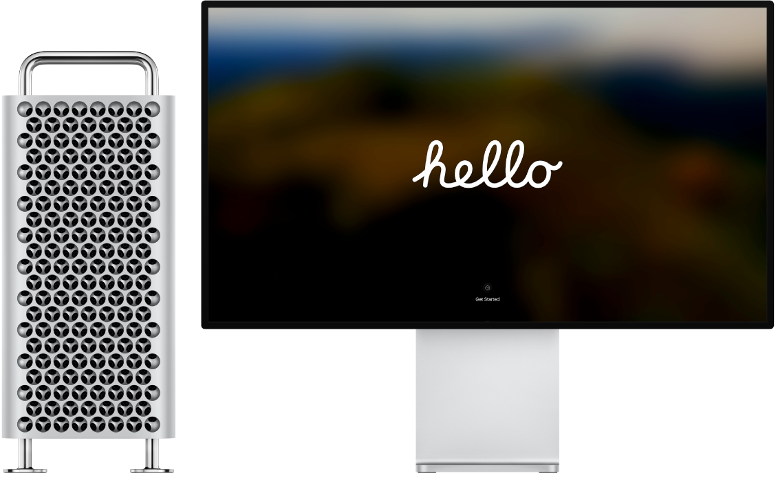 A Mac Pro and a Pro Display XDR side by side  with the word “hello” on the screen.