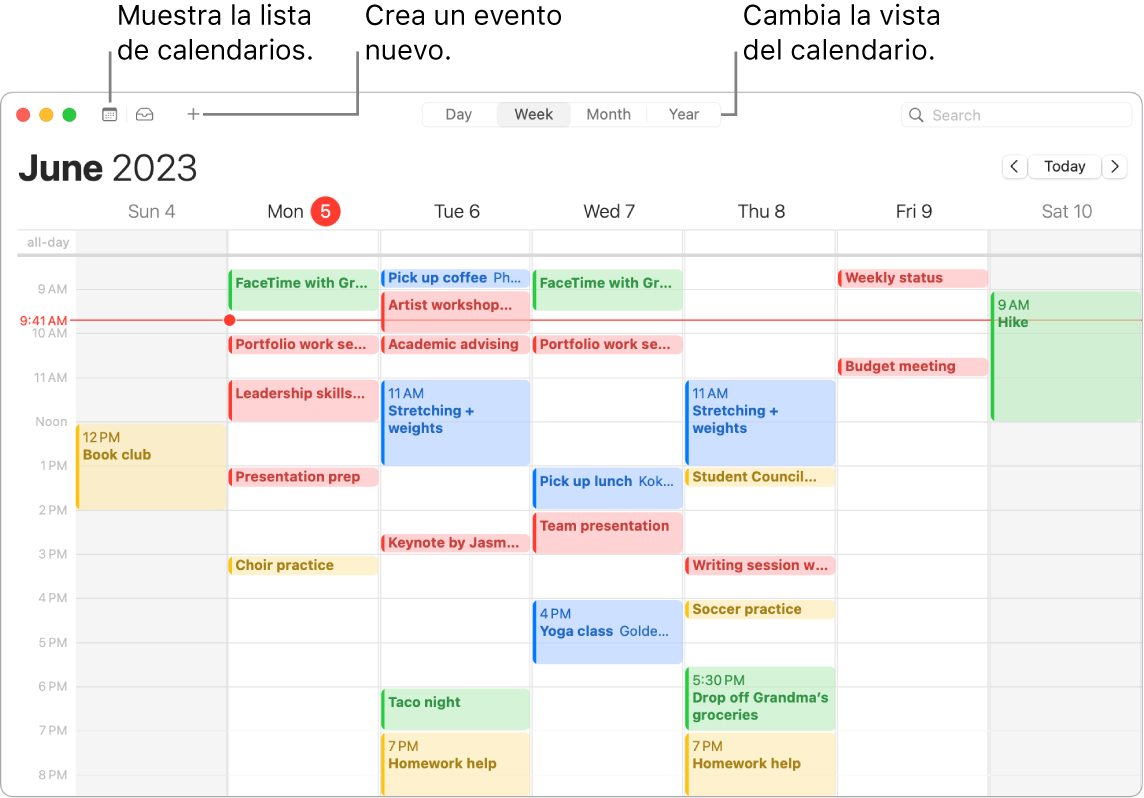 Ventana de Calendario mostrando la lista de calendarios, cómo crear un evento, y cómo seleccionar la vista por días, semanas, meses o años.