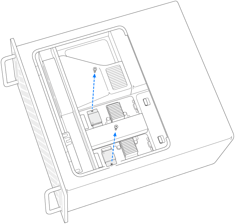 Dos tornillos que se extraen de los módulos SSD.