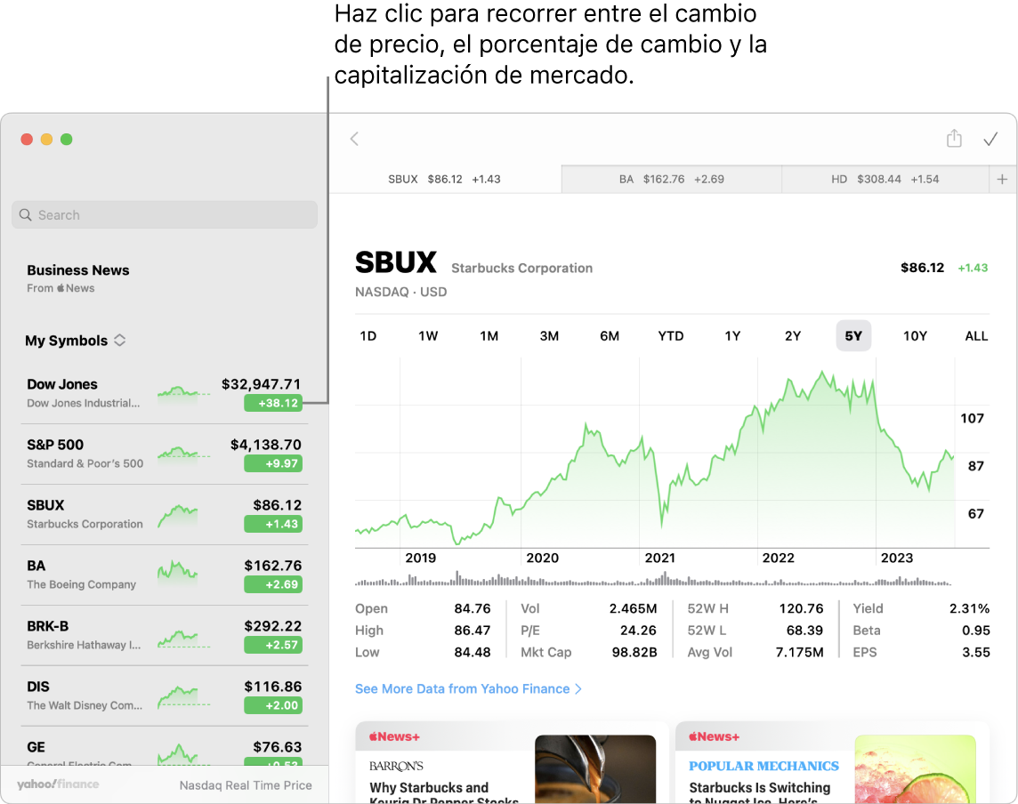 Un pantalla de la app Bolsa mostrando información sobre la acción seleccionada, con un mensaje que dice Haz clic para alternar entre el cambio de precio, cambio porcentual y capitalización del mercado.