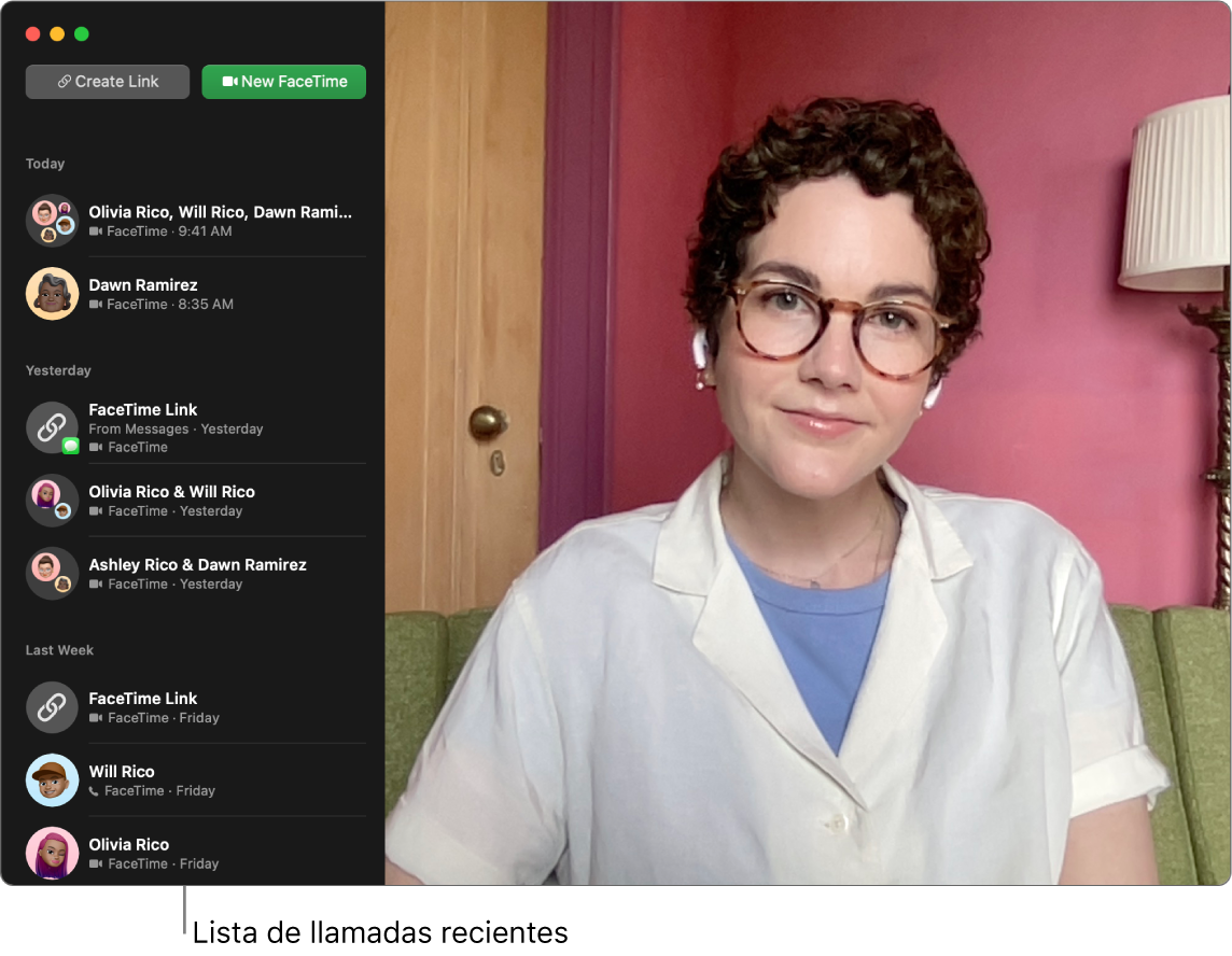 Una ventana de la app FaceTime con botones para crear un enlace para una llamada de FaceTime o para iniciar una nueva llamada de FaceTime, y una lista de llamadas recientes.