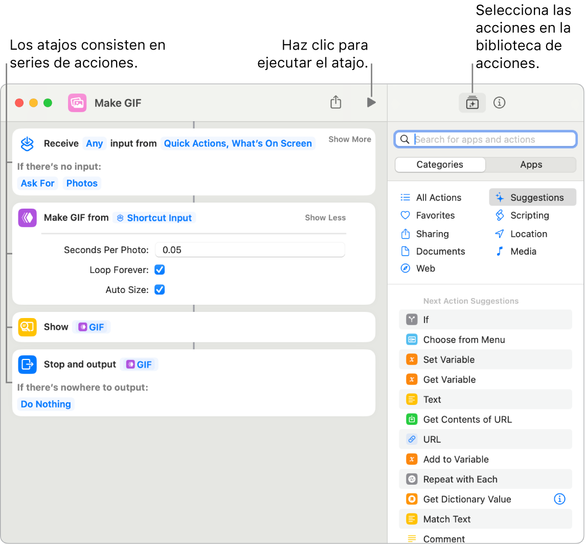 El editor de atajos “Crear GIF” a la izquierda y la biblioteca de acciones a la derecha.