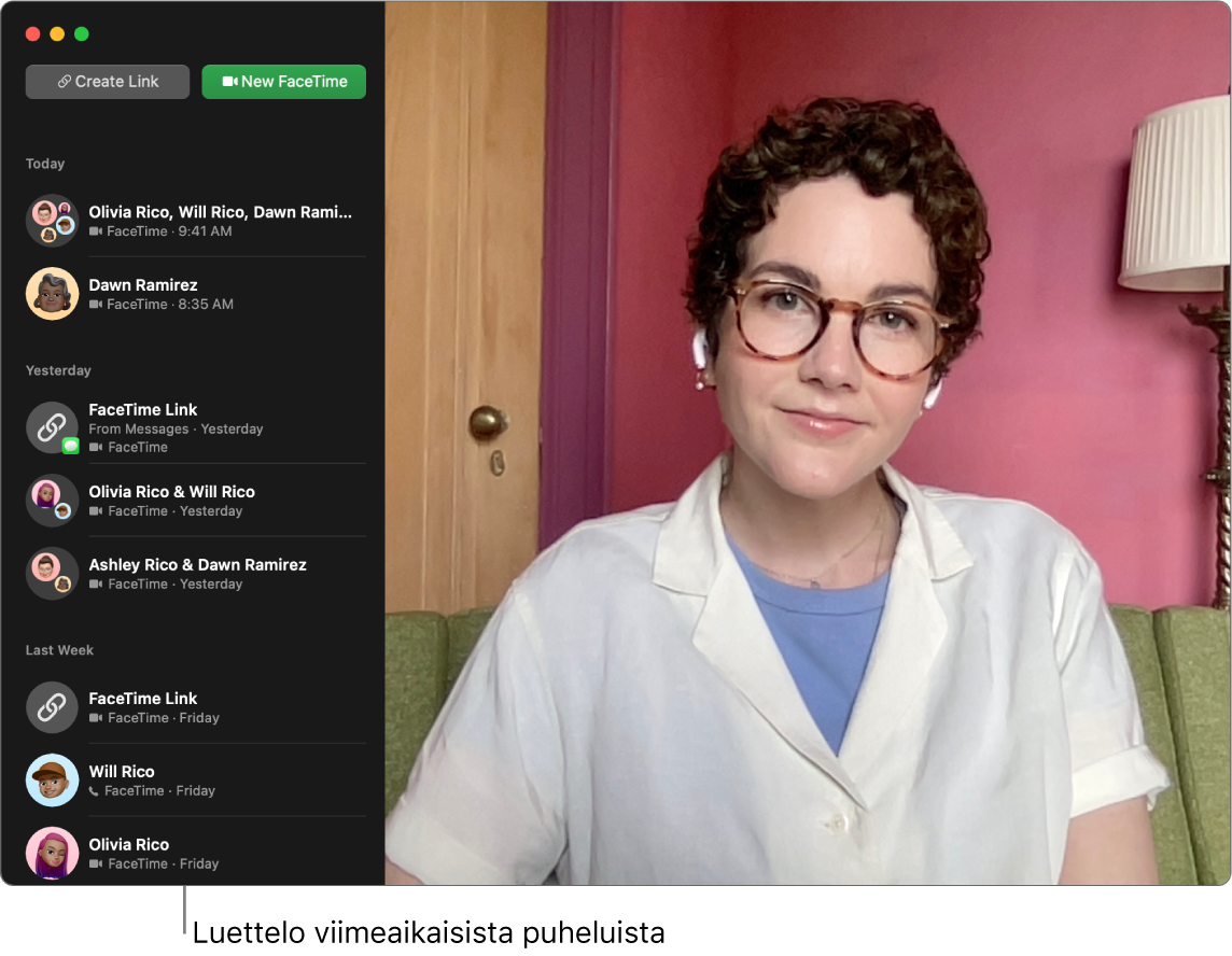 FaceTime-ikkuna, jossa on painikkeet FaceTime-puhelun linkin luomiseen tai uuden FaceTime-puhelun aloittamiseen sekä äskeisten puhelujen luettelo.