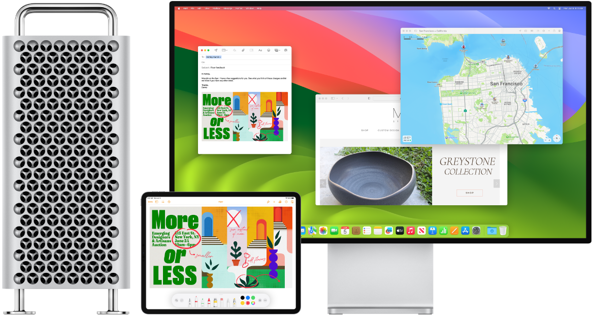 Un Mac Pro et un iPad l’un à côté de l’autre. L’écran de l’iPad présente un prospectus avec des annotations. Le moniteur utilisé par le Mac Pro affiche un message Mail, avec comme pièce jointe le prospectus annoté de l’iPad.