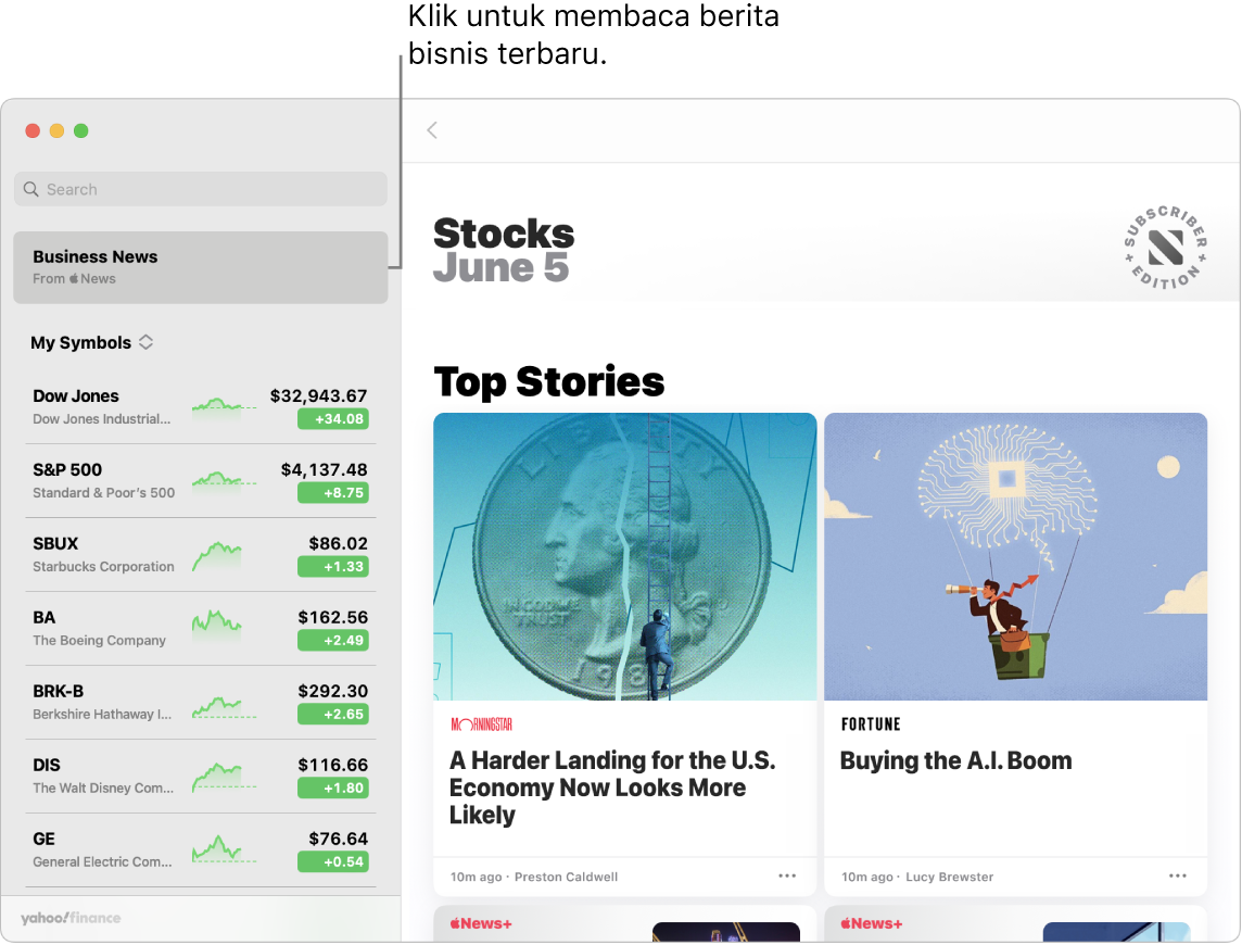 Dashboard Saham menampilkan harga pasar di daftar pengawasan dengan Top Stories pendamping.