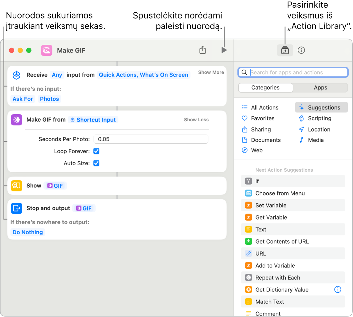„Make GIF“ nuorodų rengykė kairėje ir veiksmų biblioteka dešinėje.