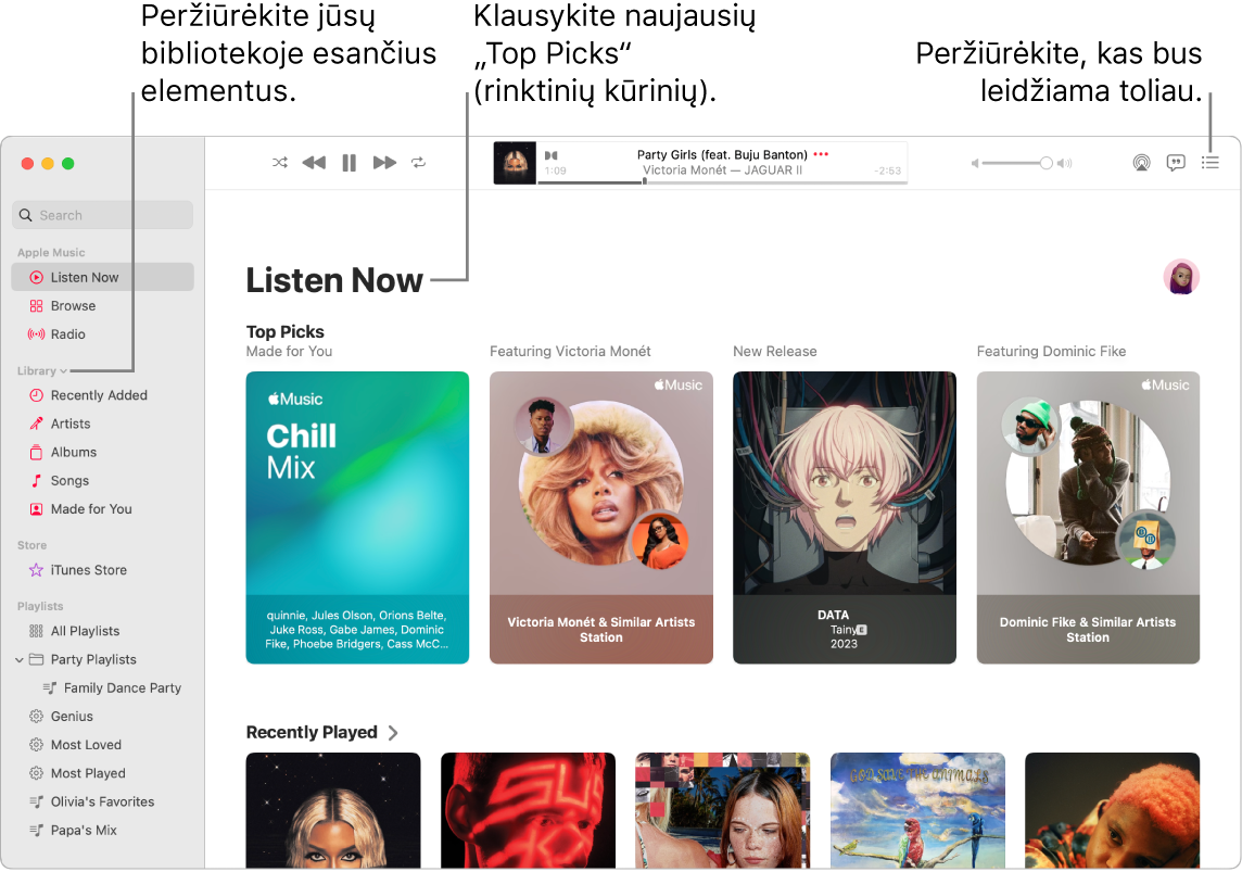 Programos „Music“ langas, kuriame rodoma, kaip peržiūrėti biblioteką, klausytis „Apple Music“ ir peržiūrėti tolesnę dainą.