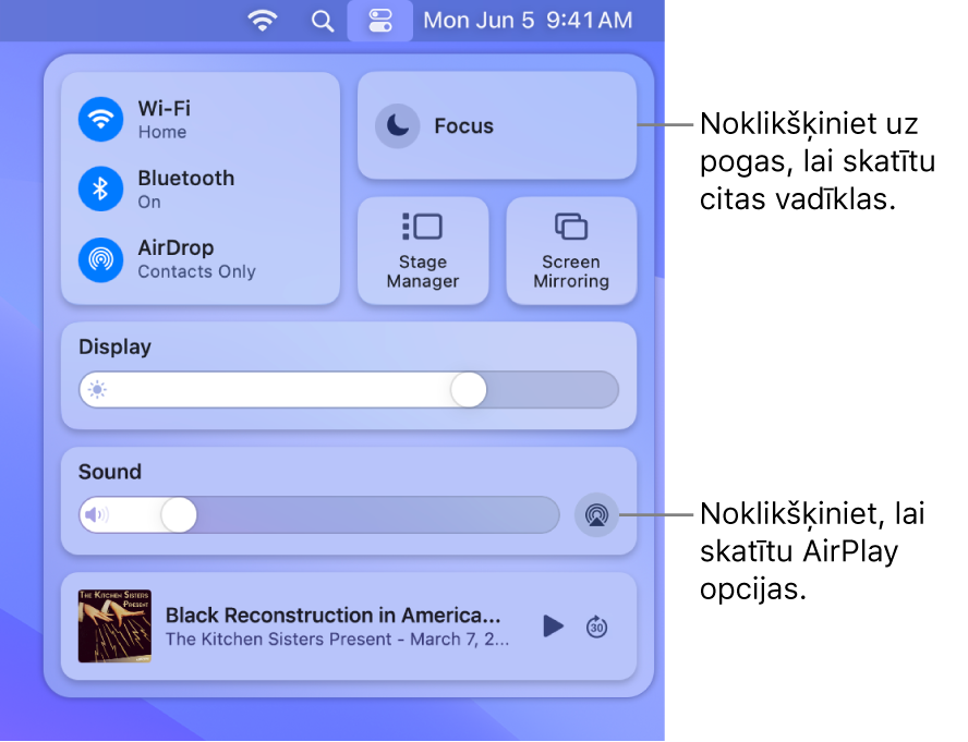 Tuvināts izvēlnes Control Center skats Mac datorā.