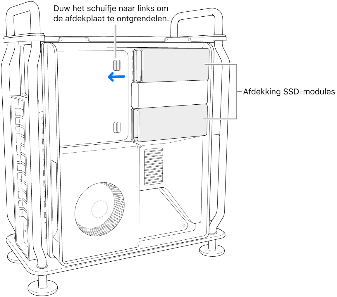 Het schuifje wordt naar links gezet om de SSD-afdekking te ontgrendelen.