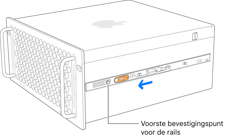 Mac Pro met een rail die naar voren schuift en op zijn plaats wordt vergrendeld.