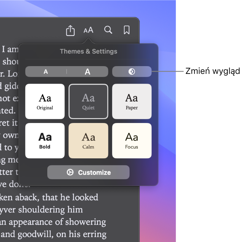 Ilustracja przedstawiająca okno aplikacji Książki oraz menu Wygląd.