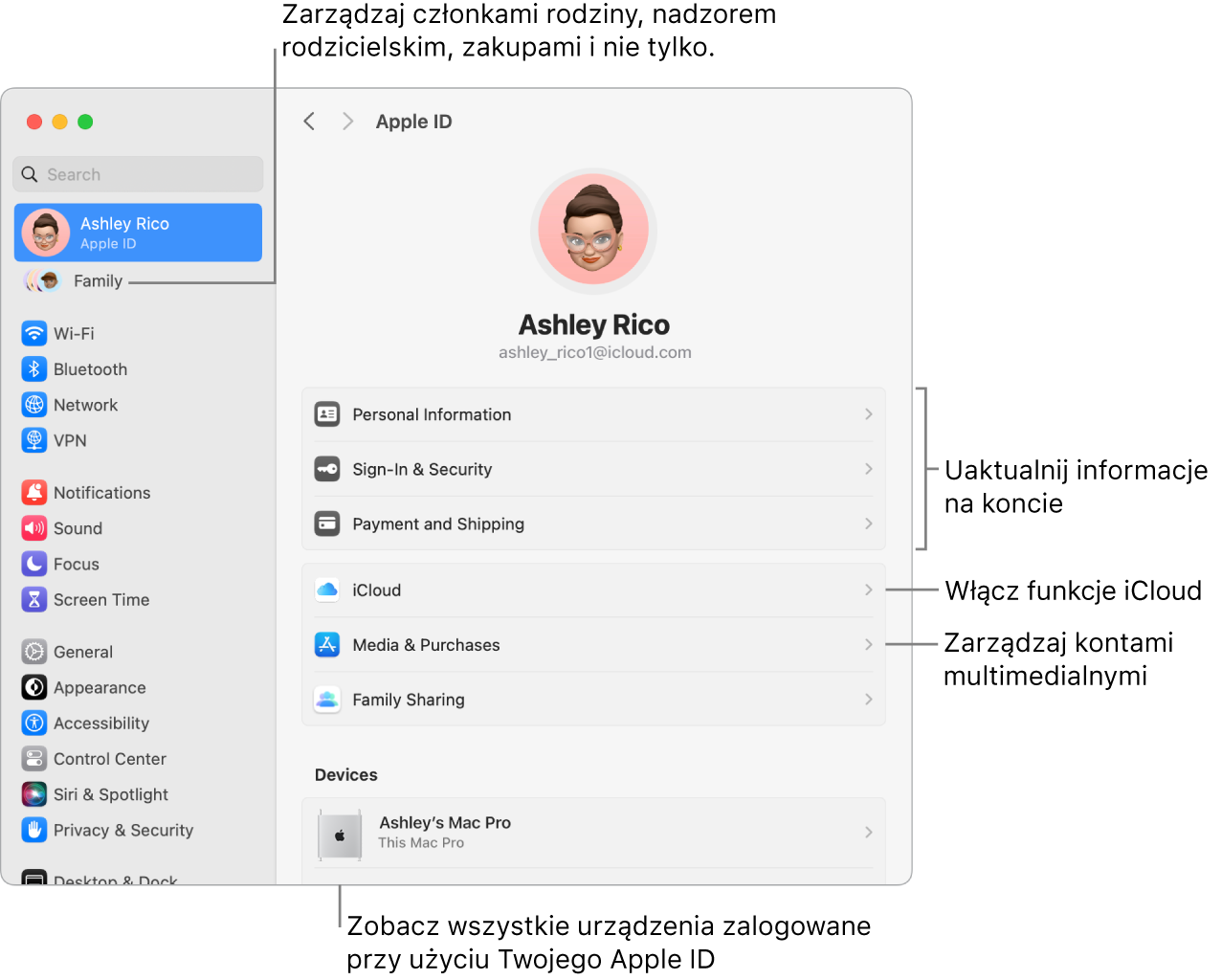 Ustawienia w panelu Apple ID w Ustawieniach systemowych z dymkami pomocy do informacji o uaktualnieniu konta, włączaniu lub wyłączaniu funkcji iCloud, zarządzaniu kontami multimedialnymi, oraz chmurą rodzinną, gdzie możesz zarządzać ustawieniami członków rodziny, nadzorem rodzicielskim, zakupami i nie tylko.