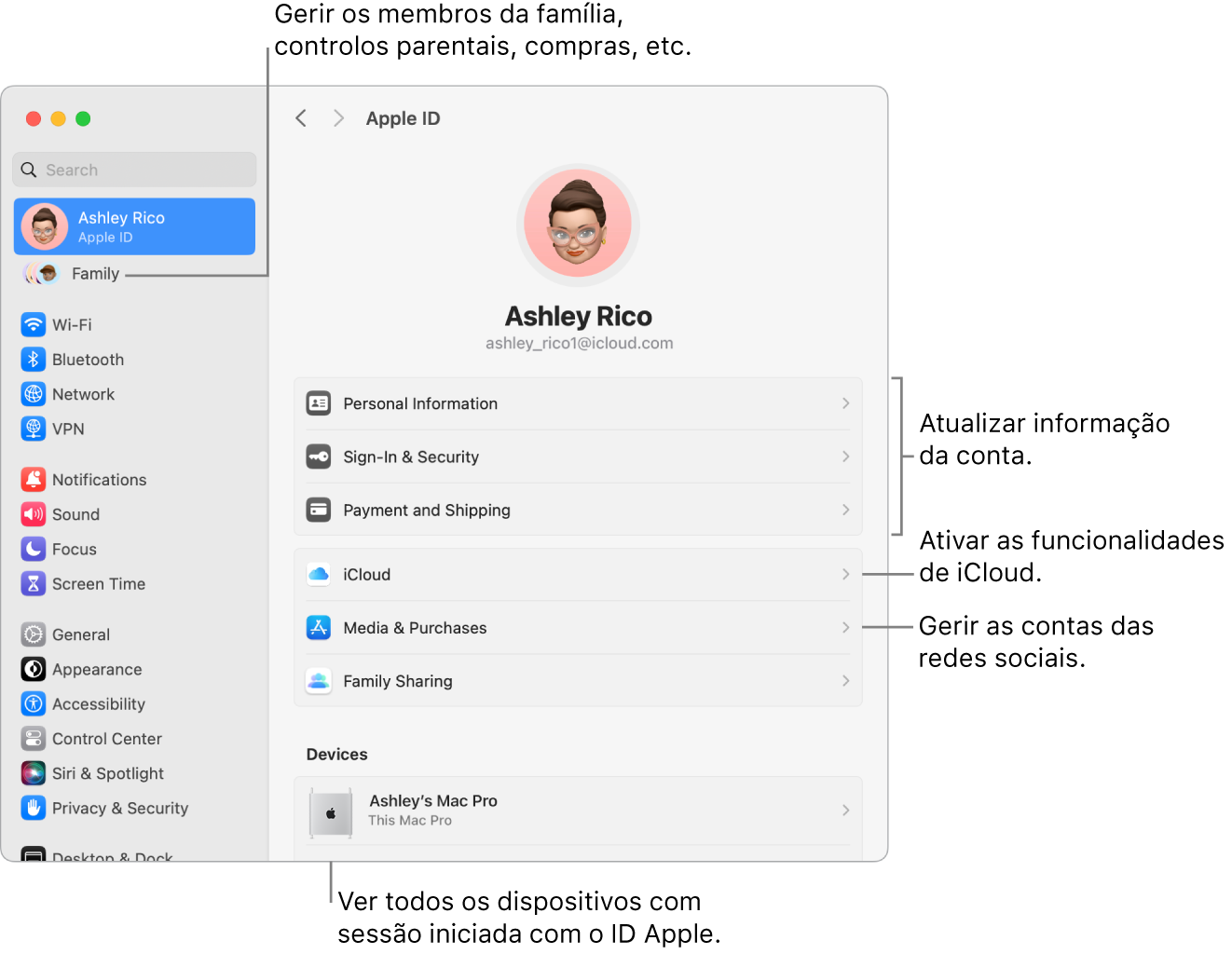 O painel do ID Apple nas Definições do Sistema, com chamadas para atualizar a informação da conta, ativar ou desativar funcionalidades de iCloud, gerir contas de conteúdo multimédia e Família, onde pode gerir os membros da família, controlos parentais, compras. etc.