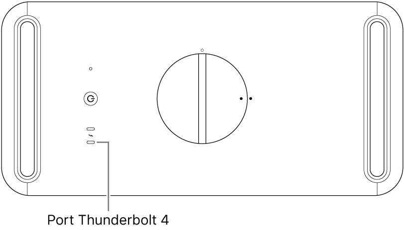 Partea de sus a Mac Pro-ului, cu explicație despre portul Thunderbolt 4 corect pentru utilizare.