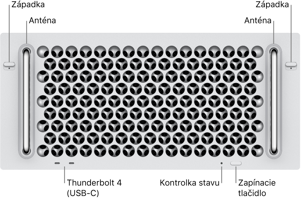 Predná časť Macu Pro zobrazujúca dve západky, dve antény, tlačidlo napájania, svetelný indikátor stavu a dva Thunderbolt 4 (USB-C) porty.