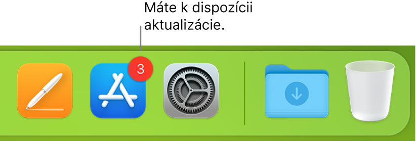 Časť Docku so zobrazenou ikonou App Store s odznakom, ktorý označuje, že sú k dispozícii aktualizácie.