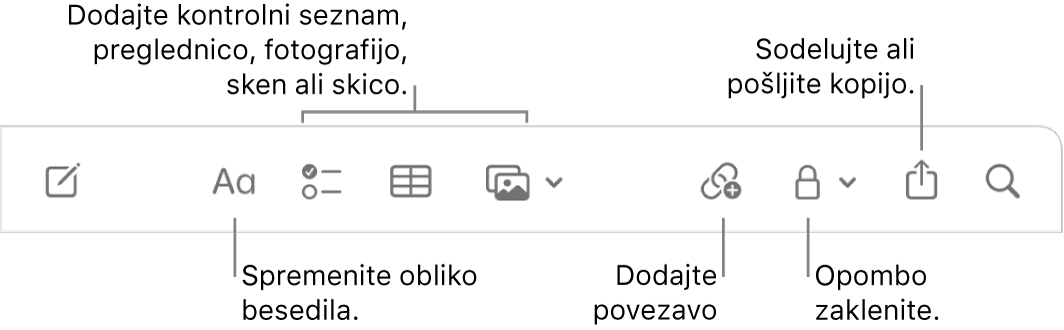 Orodna vrstica Notes z oblački za obliko besedila, kontrolni seznam, tabelo, povezavo, fotografije/medije, zaklenite, delite in pošljite orodja za kopiranje.