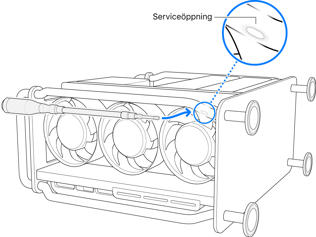 Mac Pro ligger på sidan med en flexibel bitshållare riktad mot serviceöppningen.