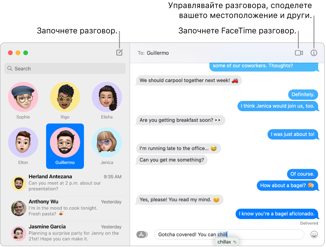 Прозорец на Messages, показващ как да започнете разговор и как да направите FaceTime повикване.