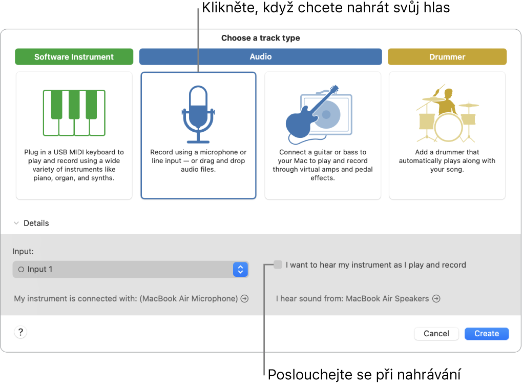 Panel nástrojů GarageBandu s popisky ukazujícími, kam je třeba kliknout, chcete‑li nahrávat hlas nebo zapnout odposlech při nahrávání