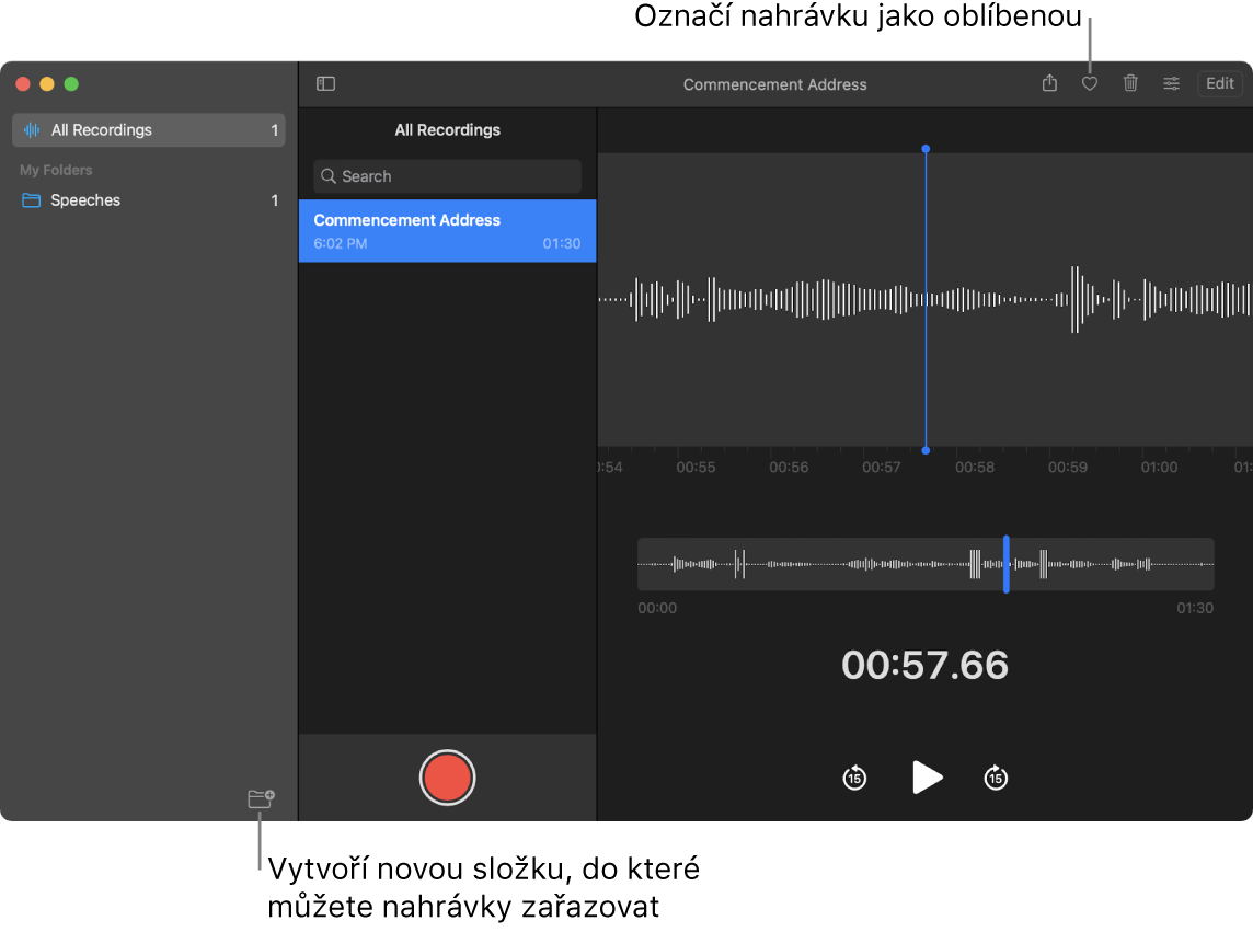 Okno Diktafon s postupem vytvoření nové složky a označení záznamu jako oblíbeného