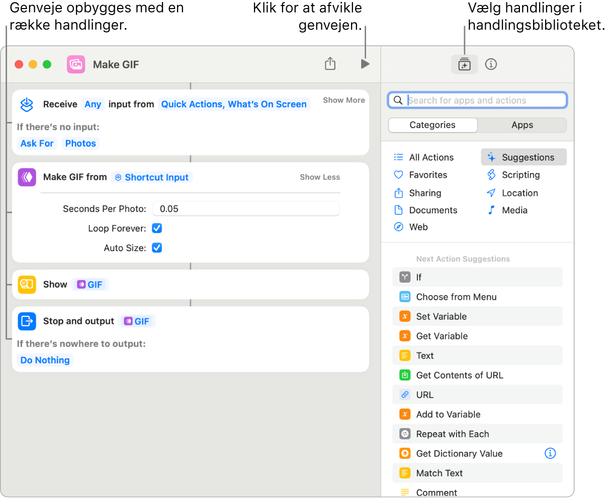 Redigeringsværktøjet til Opret GIF til venstre og handlingsbiblioteket til højre.