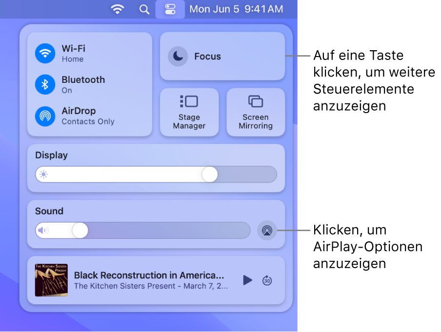 Eingezoomte Darstellung des Kontrollzentrums auf dem Mac.