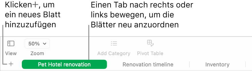 Numbers-Fenster mit Informationen zum Hinzufügen eines neuen Rechenblatts und zum Neuanordnen der Blätter