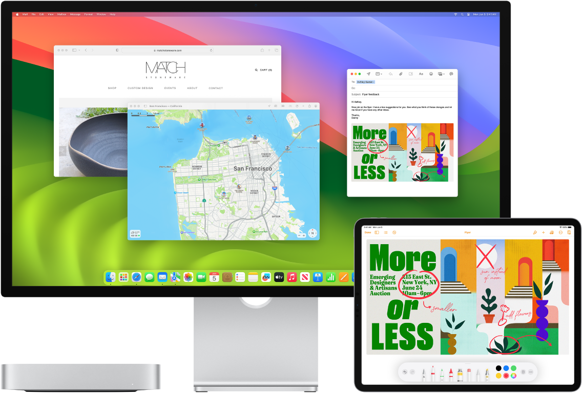 A Mac mini and iPad next to each other. The iPad screen shows a flyer with annotations. The Mac mini screen has a Mail message with the annotated flyer from the iPad as an attachment.
