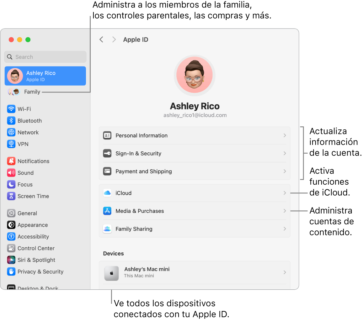 La configuración de Apple ID en Configuración del Sistema con textos para actualizar la información de la cuenta, activar o desactivar funciones de iCloud, administrar cuentas de contenido, y Familia, donde puedes administrar familiares, controles parentales, compras y más.